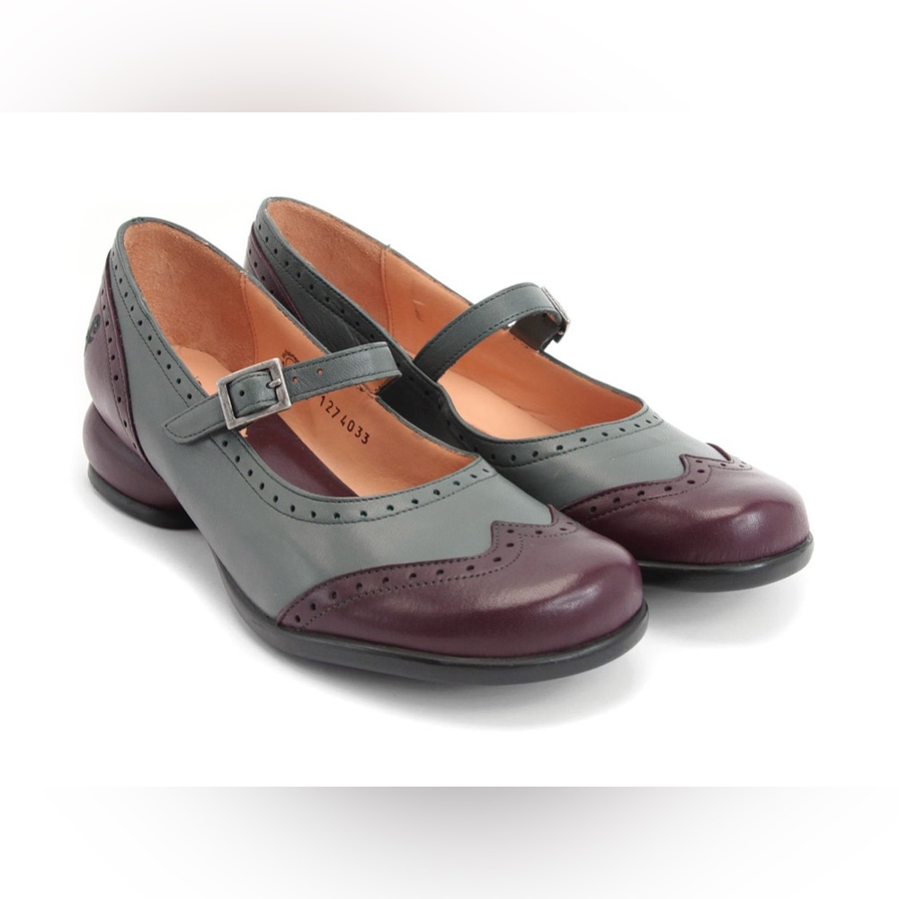 Size 11 John Fluevog "Kathy" Mary Janes in teal and purple.